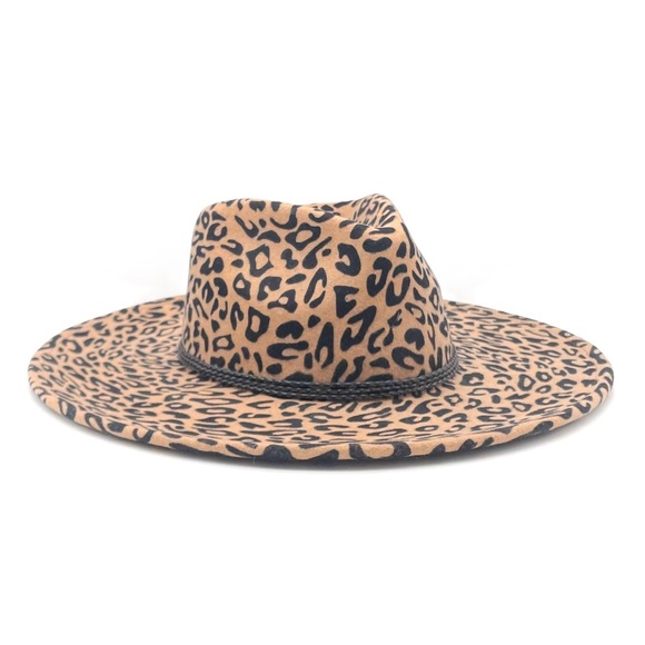 NWT Olive & Pique Leopard Print Wool Wide Brim Fedora Hat Tan Black Boho Fall - Picture 3 of 15